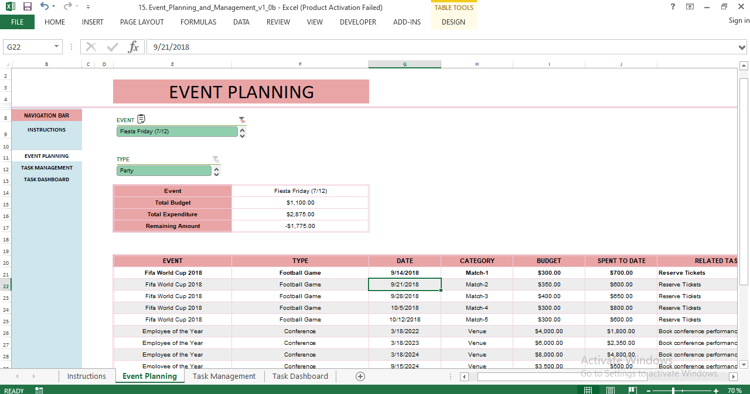 "Event Planning Dashboard in Excel showing event budget summary, total expenditure, remaining balance, filtered event list, and categorized budget items."