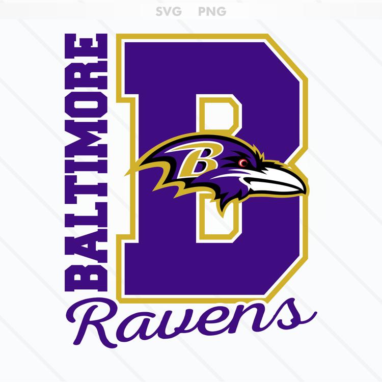 Baltimore Ravens logo featuring a dynamic purple and yellow raven head, available in SVG and PNG formats