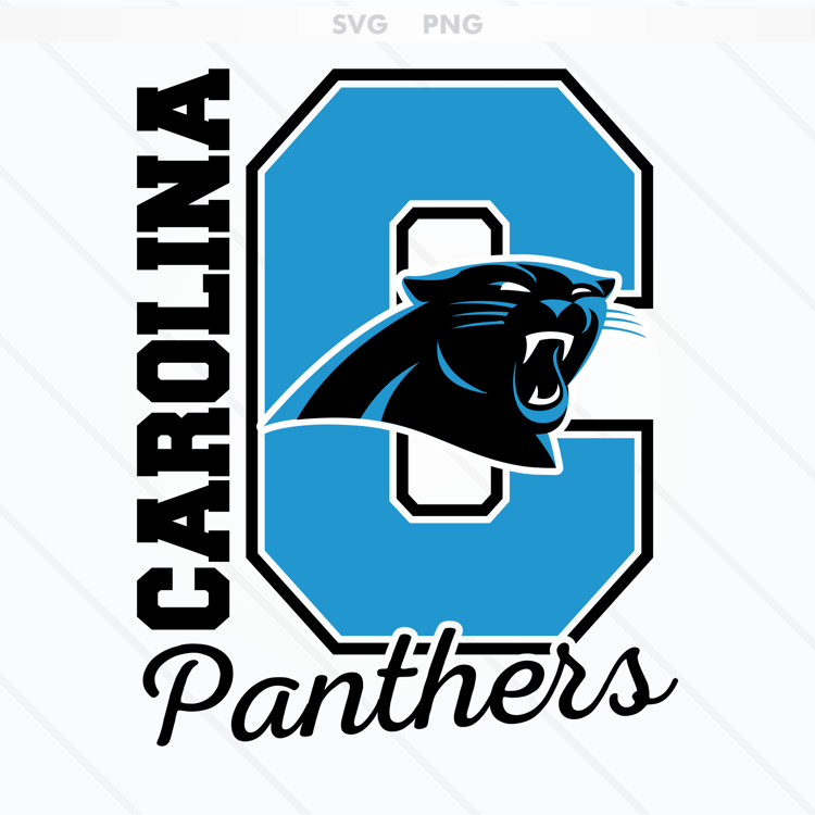 Carolina Panthers logo featuring a fierce panther head in blue, black, and silver, available in SVG and PNG formats