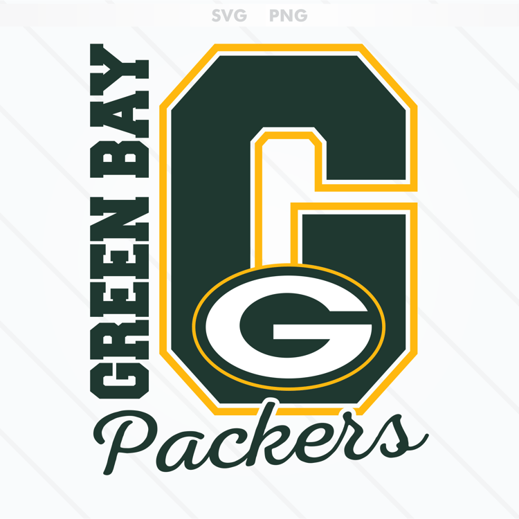 Green Bay Packers logo featuring a bold green "G" with a gold outline, available in SVG and PNG formats