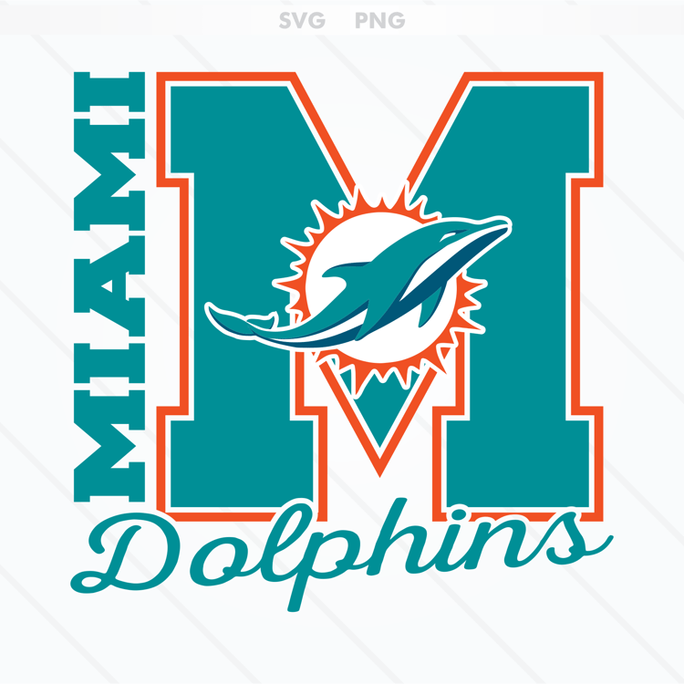 Miami Dolphins logo featuring a dynamic dolphin in aqua and orange, available in SVG and PNG formats.
