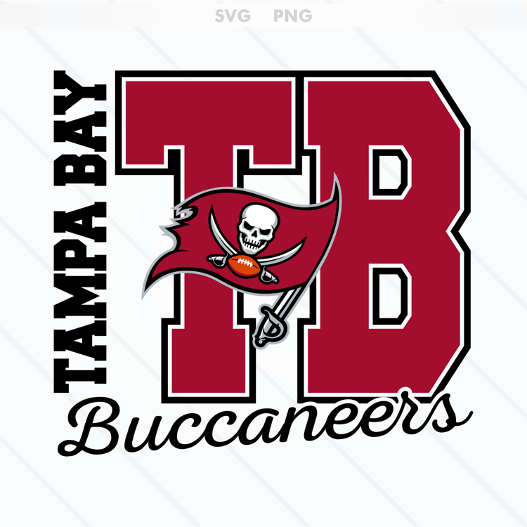 Tampa Bay Buccaneers logo featuring a pirate ship and crossed swords in red, black, and gold, available in SVG and PNG formats.