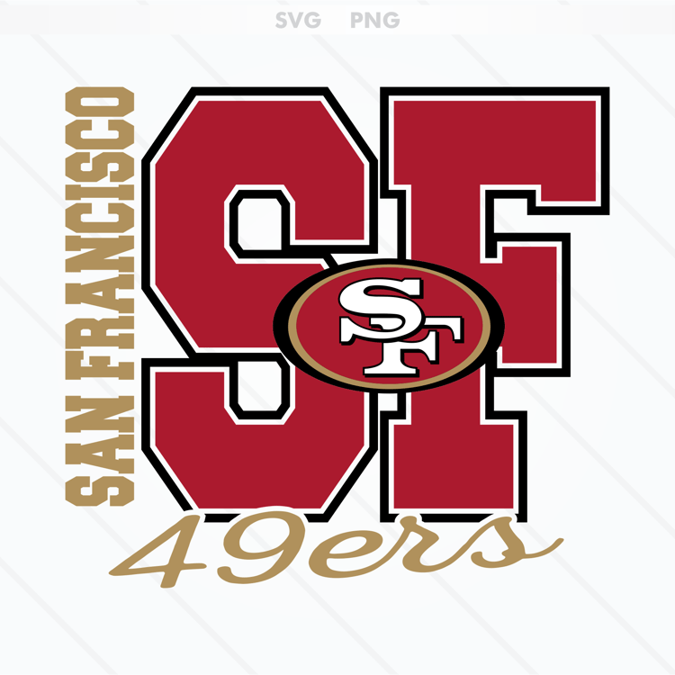 San Francisco 49ers logo featuring a bold red and gold "SF", available in SVG and PNG formats.