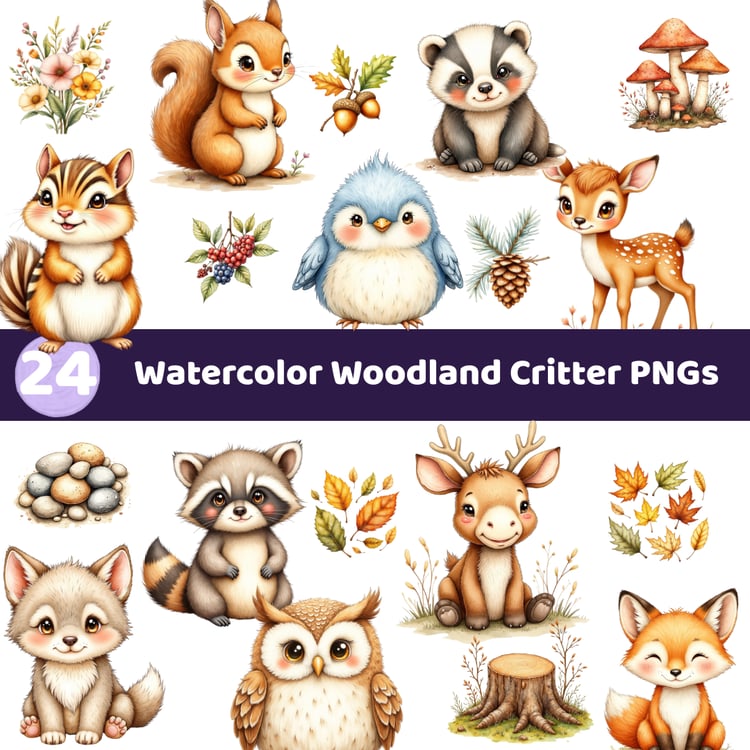 Watercolor woodland critters and autumn forest clipart set – 24 PNGs including animals and accents – nursery and classroom use