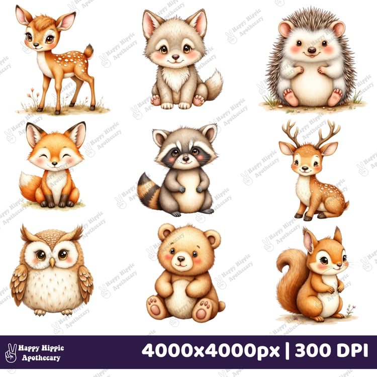 Watercolor woodland animal PNG bundle preview – includes deer, raccoon, fox, owl, bear, and more – 300 DPI transparent files