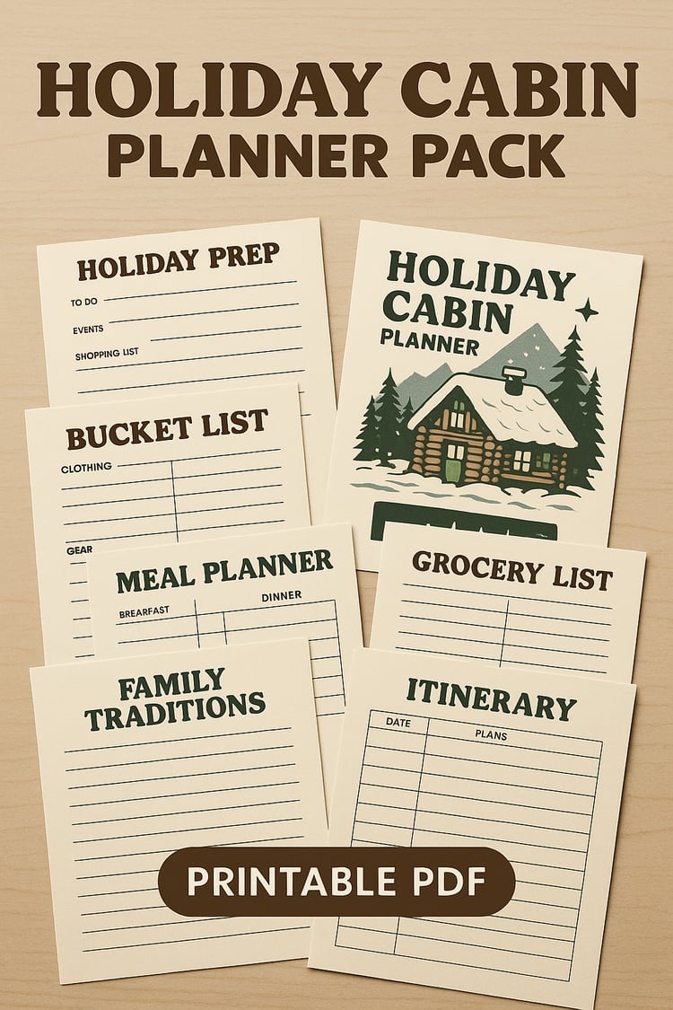 The “Holiday Cabin Planner Pack” wood-background mockup