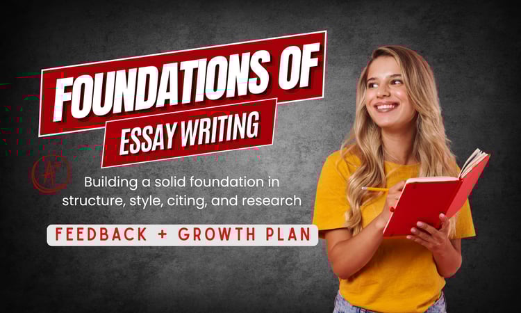 Foundations of Essay Writing course cover featuring a student holding a notebook, emphasizing structure, style, citing, and research.
