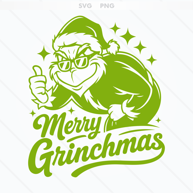 Mischievous and stylish Merry Grinchmas illustration featuring a cool Grinch in sunglasses with festive sparkles—perfect for shirts, stickers, crafts, and holiday digital projects