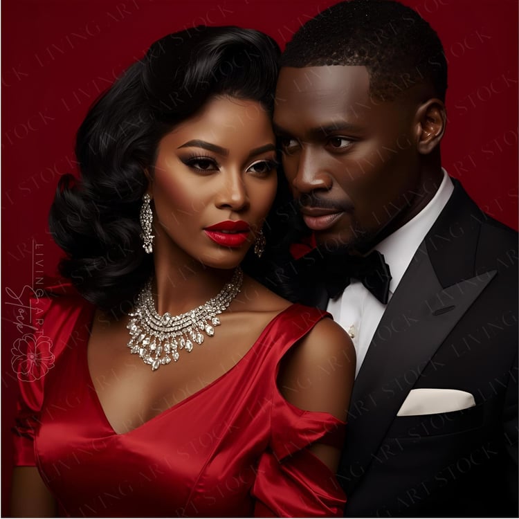 A striking, intimate studio portrait of an elegant Black couple dressed in formal evening attire. The woman is featured prominently, wearing a stunning vibrant red satin gown with a cold-shoulder detail, complemented by a dazzling diamond statement neckla