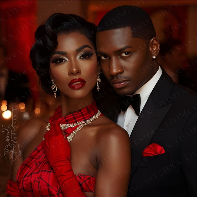 A dramatic, close-up portrait of an attractive Black couple posed intimately in formal, high-fashion evening attire. The woman stands slightly in front, gazing intensely at the camera. She is wearing a strapless red plaid dress, accessorized with long red