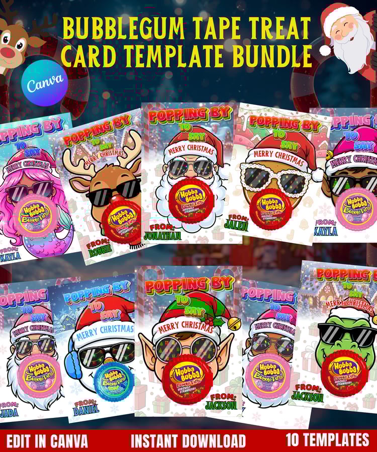christmas treat card template  bubblegum tape gift tag  kids christmas printables  holiday classroom gift ideas  popping by to say merry christmas card  editable christmas tag canva  fun kids holiday treat templates  christmas gag gift for kids  candy gif