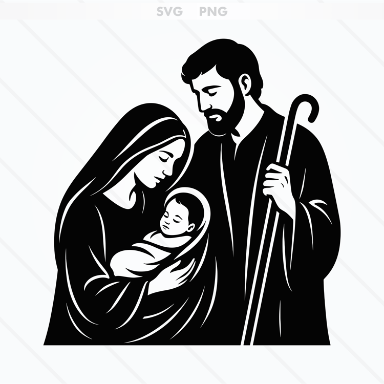 Timeless and meaningful Holy Family Nativity illustration featuring Mary, Joseph, and Baby Jesus—perfect for shirts, cards, church décor, and spiritual holiday projects