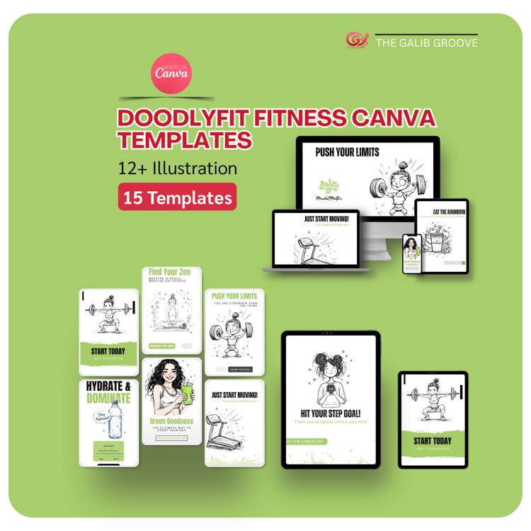 DoodlyFit Fitness Pack: 15 Canva templates + 12 doodle illustrations shown on computer/mobile mockups (posts & stories). Easy to edit.