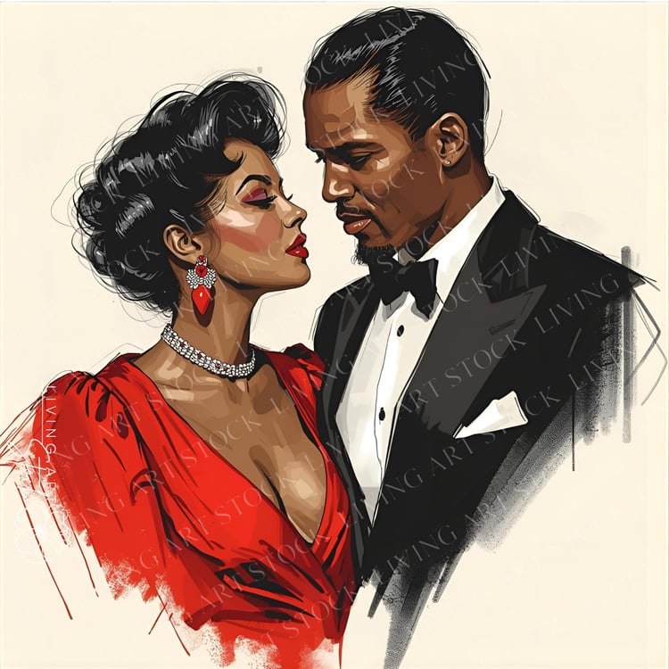 A stylized, sophisticated illustration or sketch portrait of a glamorous Black couple sharing an intimate moment. The woman is highly expressive, looking up at the man with deep passion. She is wearing a striking, low-cut, rich red dress and is adorned wi