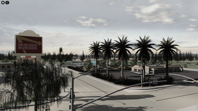 Wide aerial view of Roblox Comal County USA open-world map