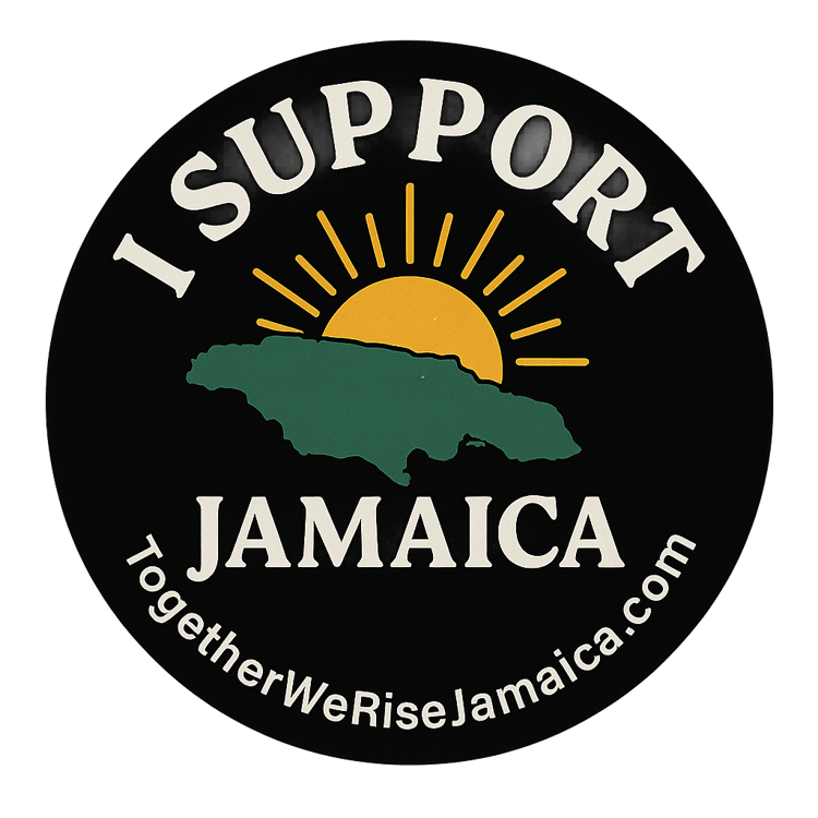 Printable I Support Jamaica badge graphic with island and rising sun design