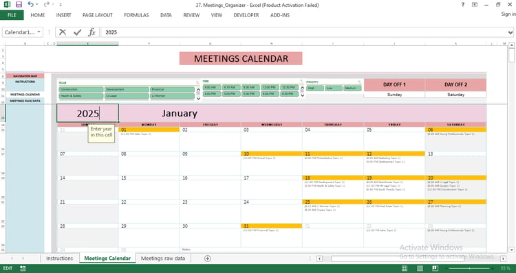 “Automated Meetings Calendar template in Excel showing monthly meeting schedule with teams, priorities, times, and color-coded events.”