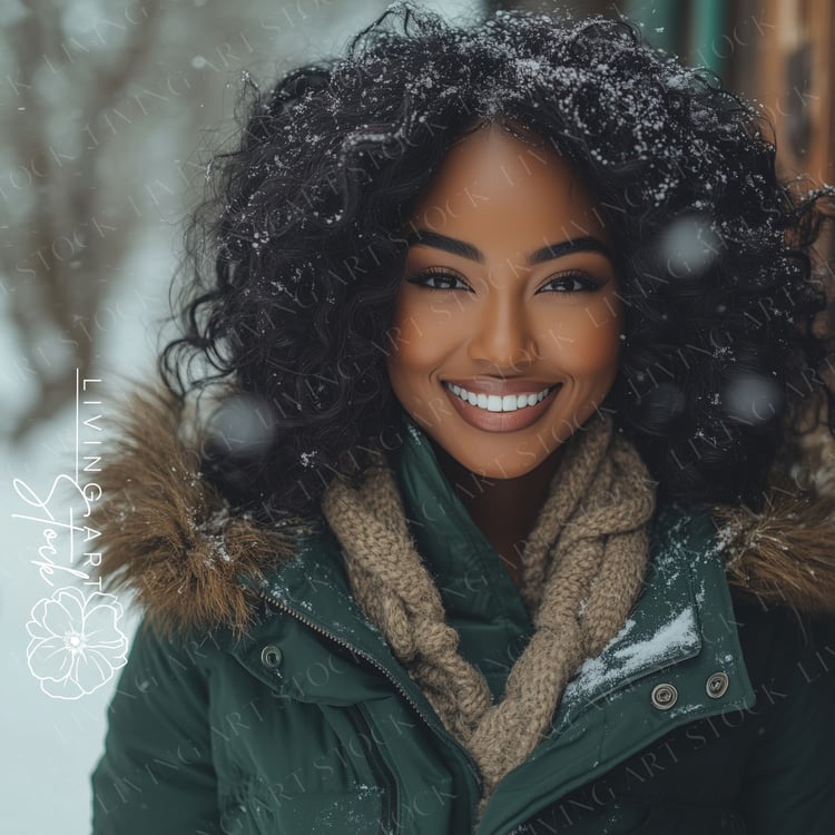 A close-up, natural portrait of a beautiful young African American woman bundled up outdoors in a snowy, winter setting. She has a genuine, warm, and radiant smile, looking directly at the camera. Her dark, voluminous curly hair is lightly dusted with sno