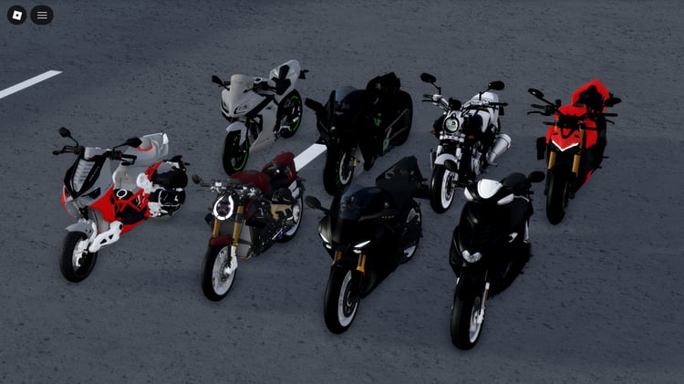 row of eight roblox sport racing motorcycles