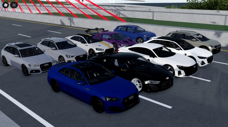roblox audi lineup parked in a city street