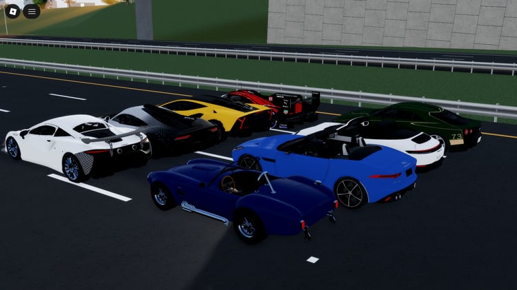eight roblox cars lined up in an outdoor parking area