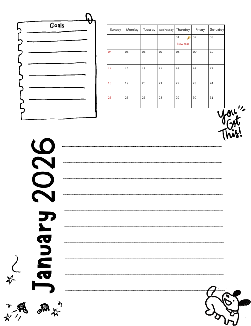 "January 2026 calendar page from MY JOURNAL 2026 PLANNER with Goals heading, full monthly grid from Sunday to Saturday, and encouraging message You’ve Got This! – clean minimalist design for goal setting and monthly planning."