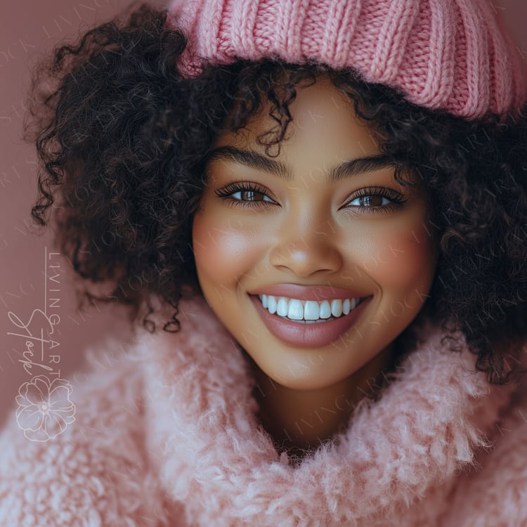 A close-up, brightly lit studio portrait features a stunning young Black woman with voluminous, dark, natural curly hair. She is smiling genuinely at the camera, showcasing a perfect white smile. She is wearing warm, pink winter attire, including a textur