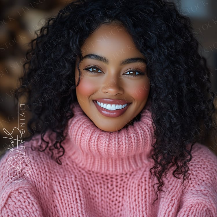 A radiant, close-up portrait captures a young Black woman with an infectious, wide smile and bright, expressive brown eyes, looking directly into the camera. She has lush, dark, natural curly hair and is wearing a chunky, ribbed knit turtleneck sweater in