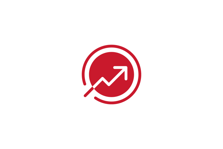 Red trending arrow icon illustrating increased engagement, visibility, and social media growth using digital templates.