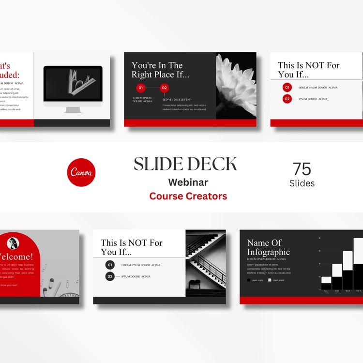 Red black and white course creator slide deck with 75 Canva editable presentation slides.