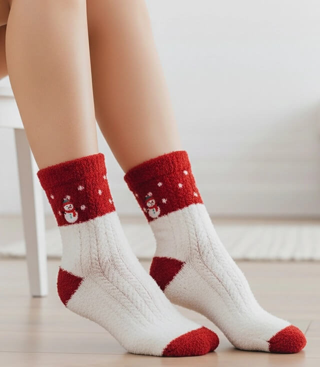 Gemusterte Socken Alpakawolle in Rot und Weiß mit Schneemann und Schneeflocken-Design.