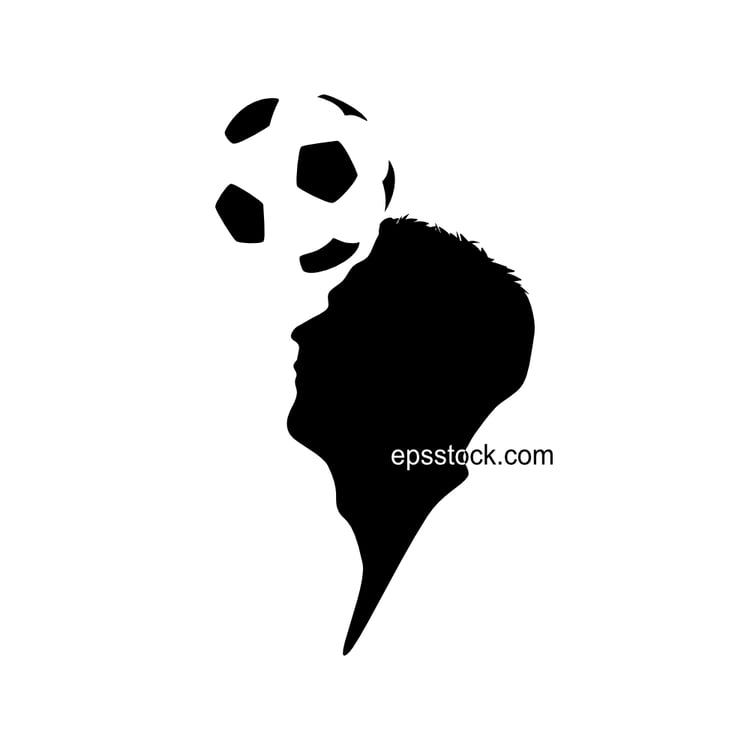a football player with a ball on his head, black isolated silhouette