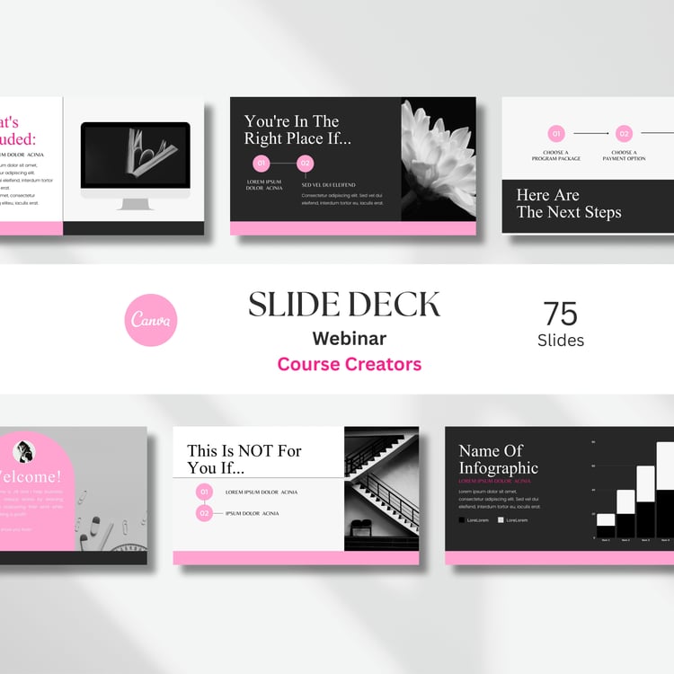 Pink black and white course creator slide deck with 75 editable Canva presentation slides.