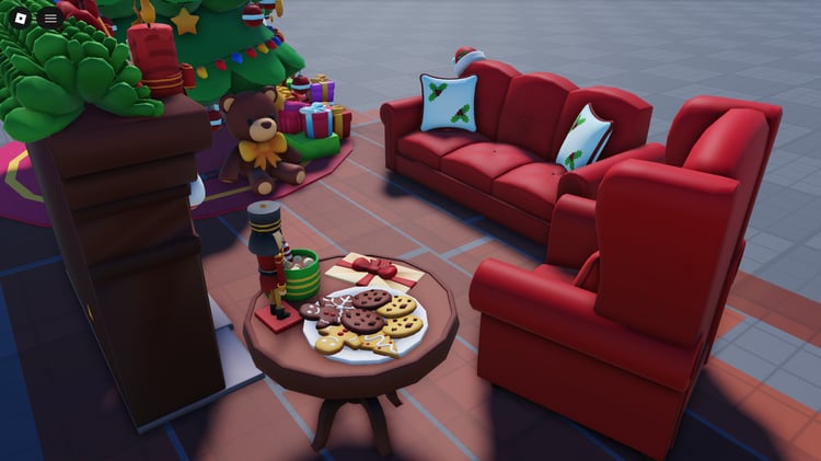 low poly christmas room with fireplace and sofa