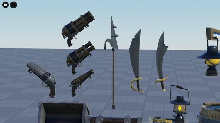 pirate props including swords barrels and crates