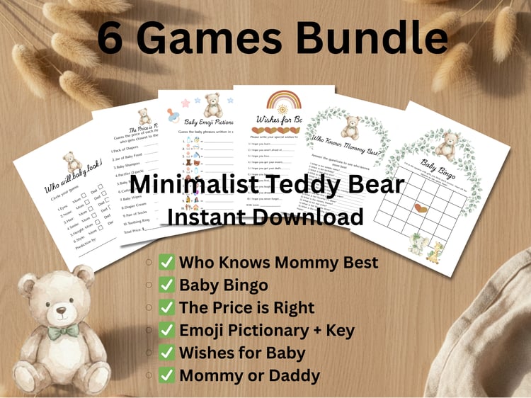 List of 6 printable baby shower games included in the bundle, featuring Baby Bingo and Emoji Pictionary