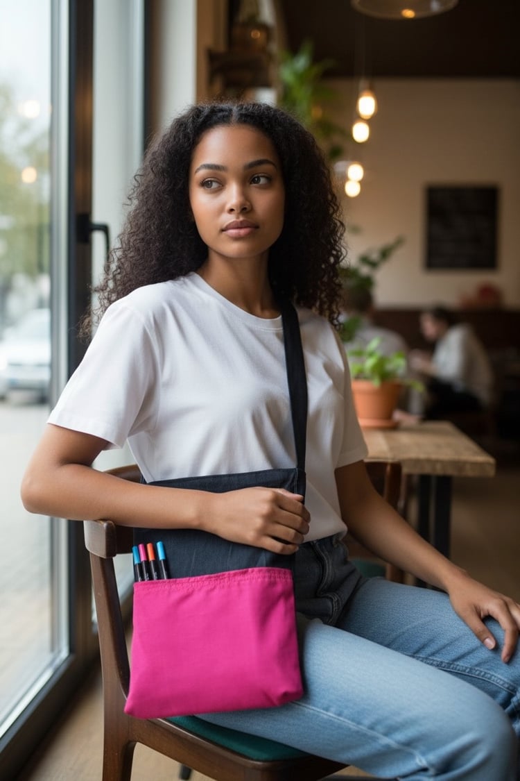 Handmade bag crafted from denim and pink poplin. Unique design, you won't find another like it. Ideal for notebooks or notepads. Features a zipper closure on the main compartment and two exterior pockets for easy access of small items.