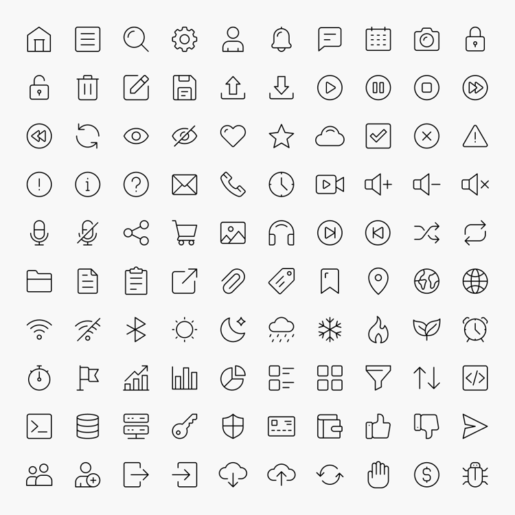 Free basic UI icons in thin line style for apps and web interfaces.