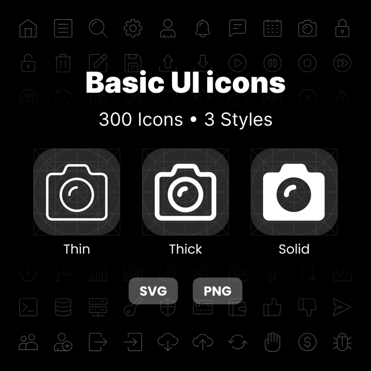 Free Basic UI Icons pack showing 100 essential icons in thin, thick, and solid styles.