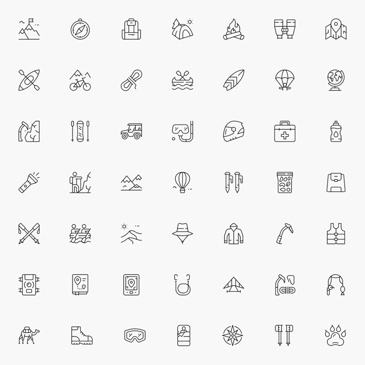Adventure Travel Icons – Thin line style preview of 50 outdoor and tourism icons.