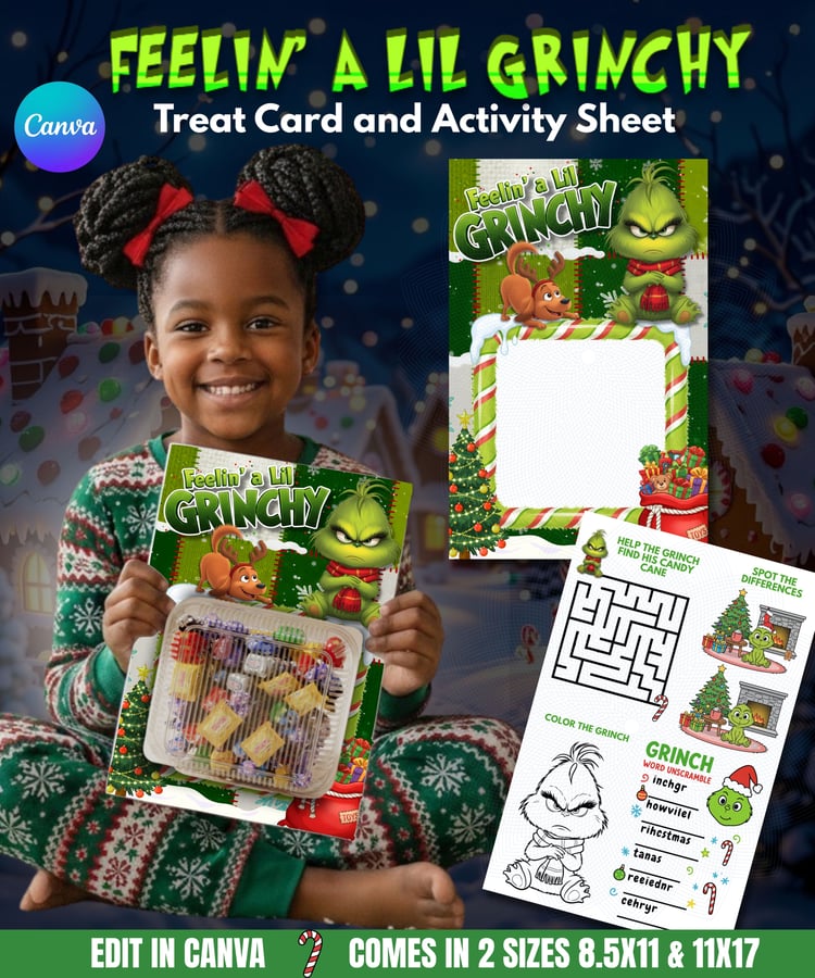 grinch christmas printable  kids christmas activity sheet  christmas treat card template  editable canva christmas tags  holiday classroom gift ideas  christmas activity bundle  classroom christmas printables  kids holiday treat template  christmas party 