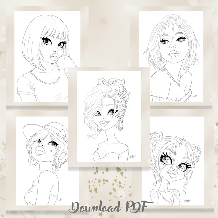 Female Portraits, Coloring Pack, Adult Coloring Pages, Instant Download.