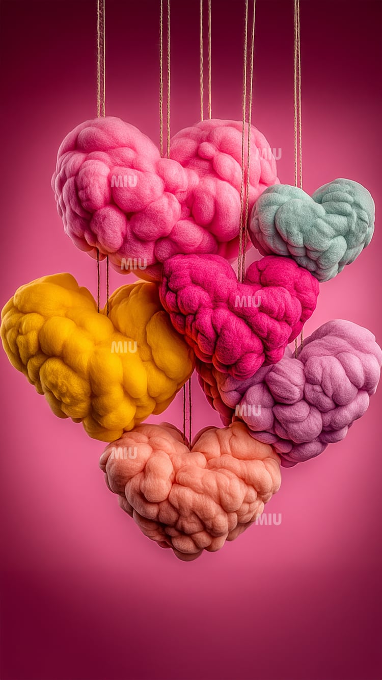 Visuel HD de cœurs fluffy colorés suspendus, fond rose dégradé – fond pour Story ou Reels Instagram.