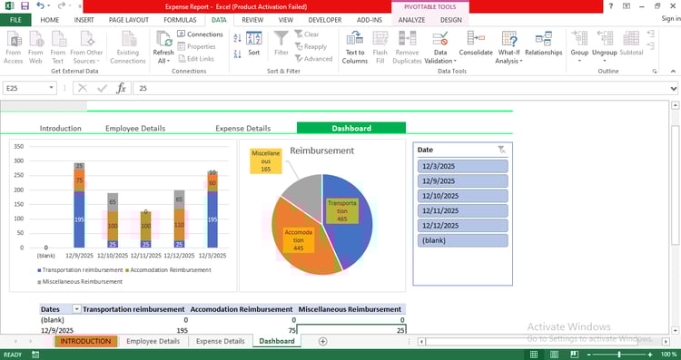 "Expense report dashboard with bar and pie charts showing reimbursement totals and date filters in Excel template."