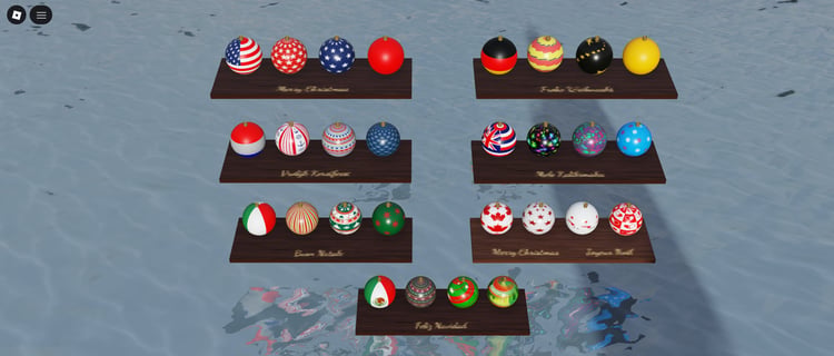 Colorful holiday decorations on Roblox Christmas tree
