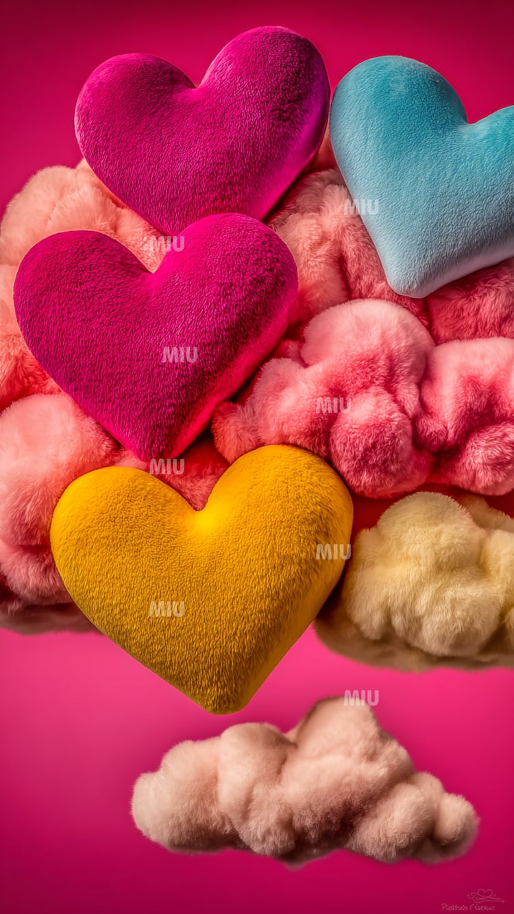 Fond Story/Reels avec plusieurs cœurs fluffy multicolores sur fond rose, visuel créatif MIU.