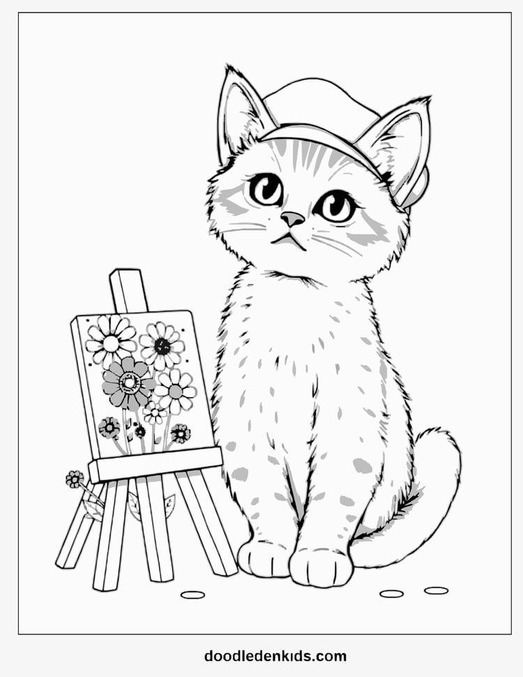 Artistic kitten in a beret painting colorful flowers on an easel in a sunny garden.