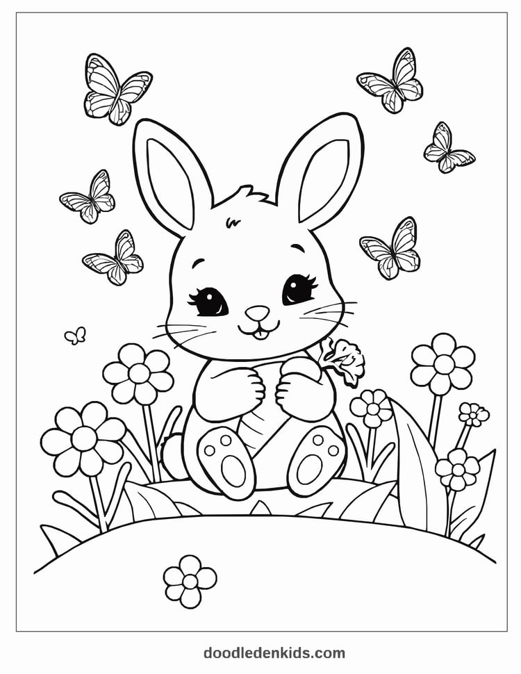 Cute bunny sitting among flowers holding a carrot, butterflies fluttering, children’s coloring page.
