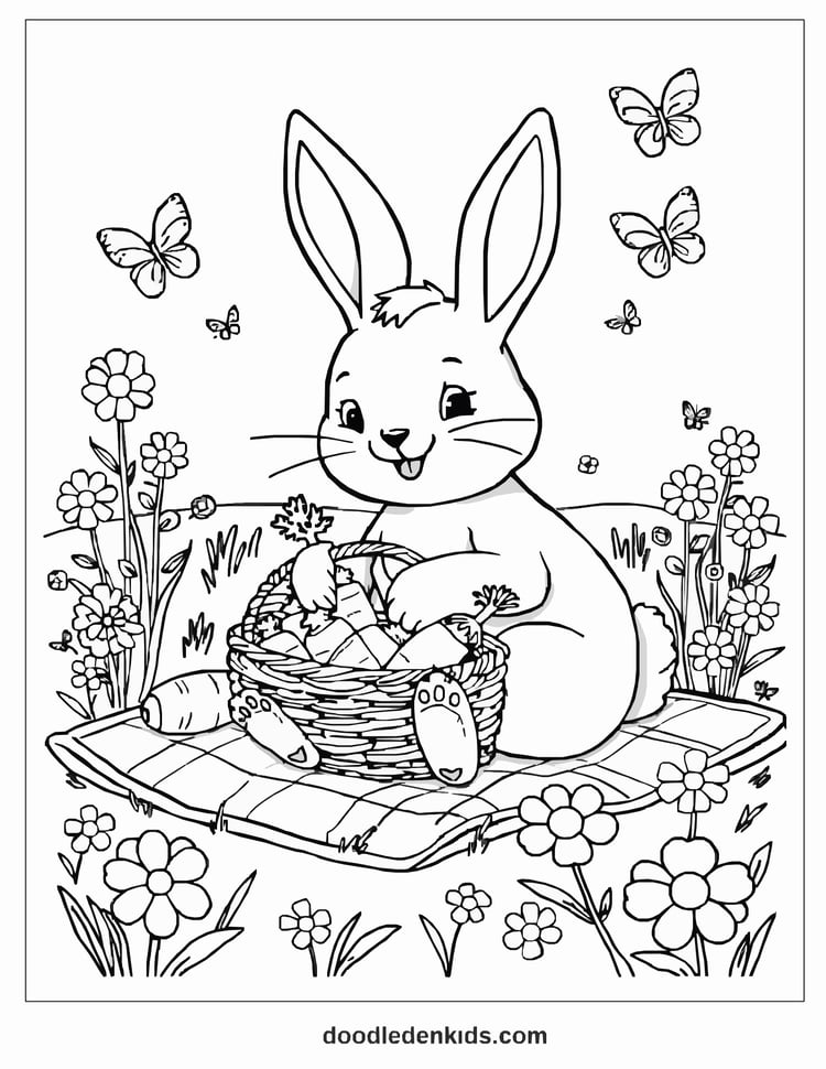 Cartoon bunny on a picnic blanket with fruits and carrots, cheerful outdoor scene, coloring page line art.