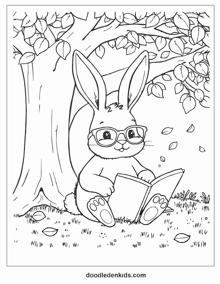 Whimsical bunny wearing glasses reading a book under a big tree, gentle line drawing.